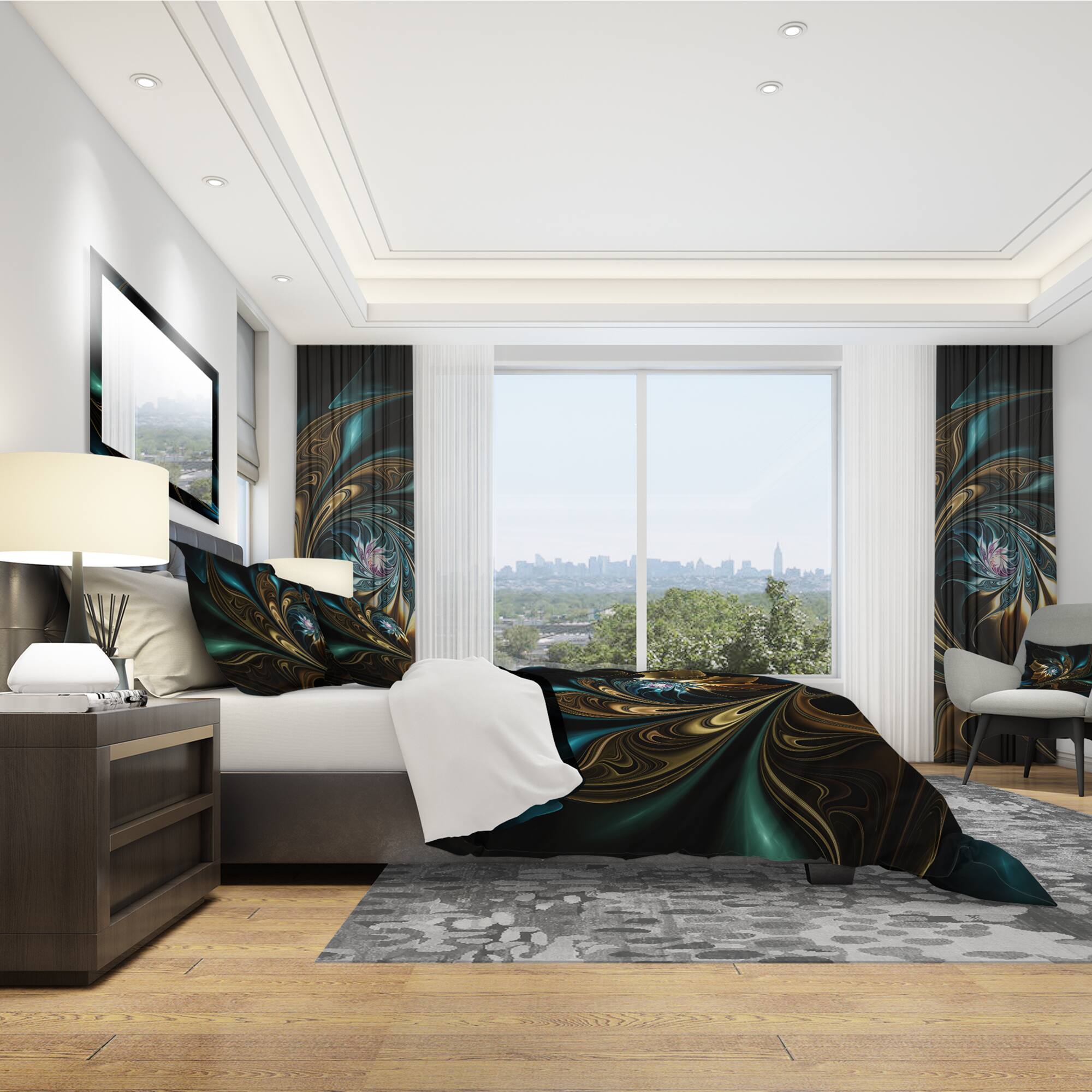 Designart 'Brown Blue Fractal Flower in Black' Modern & Contemporary Bedding Set